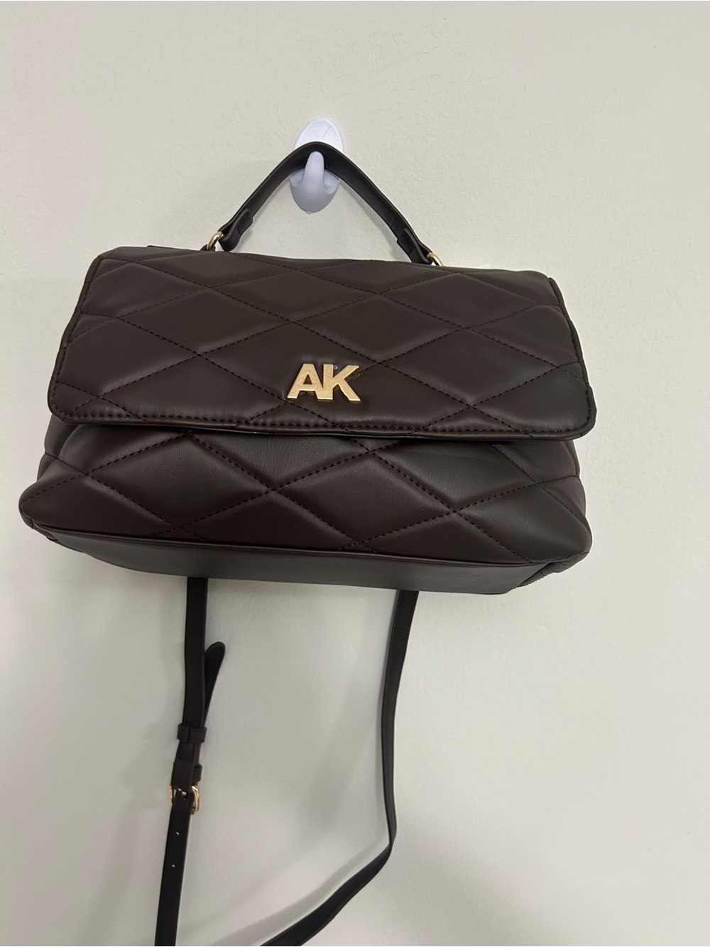 Anne Klein Quilted Crossbody Top-Handle Bag in Dark Brown with Gold AK Emblem